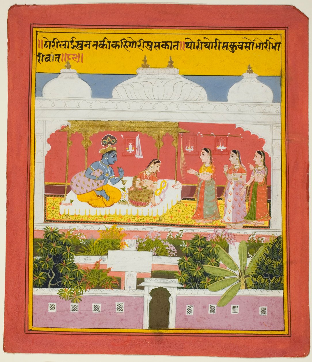 Krishna och Radha i en paviljong, från en kopia av Biharis sjuhundra verser (Sat Sai) av Unknown artist