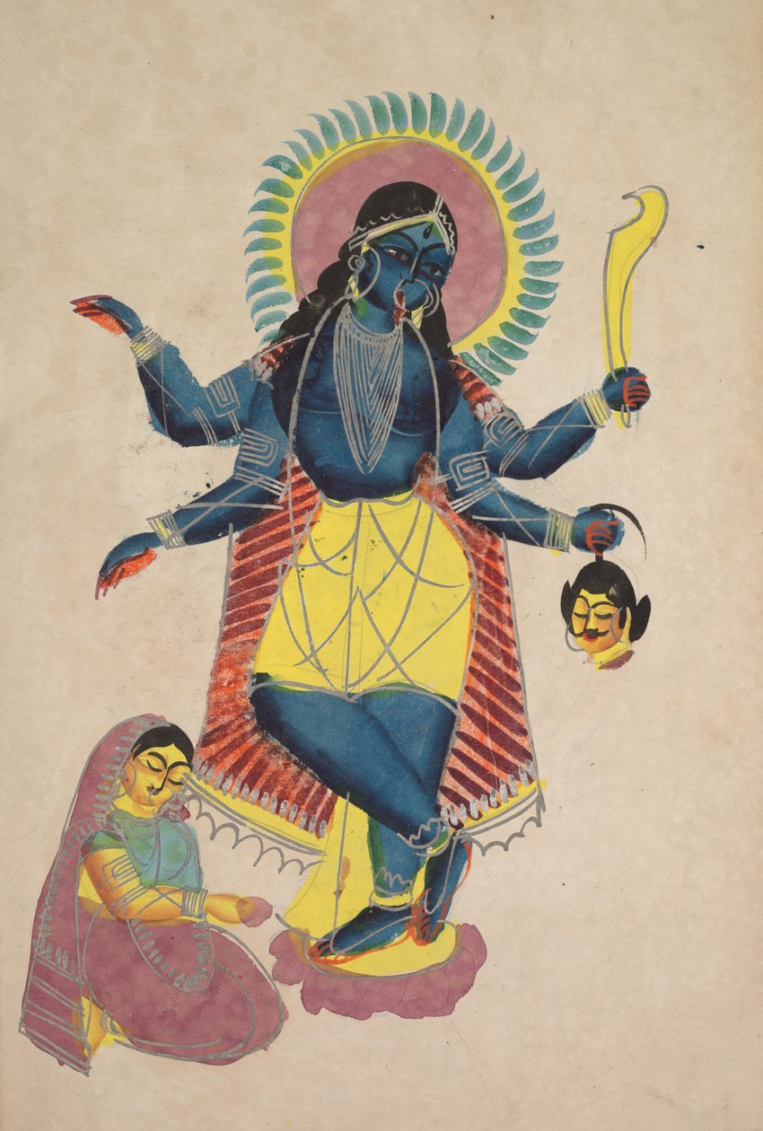 Krishna som Kali dyrkas av Radha (recto) av Unknown artist
