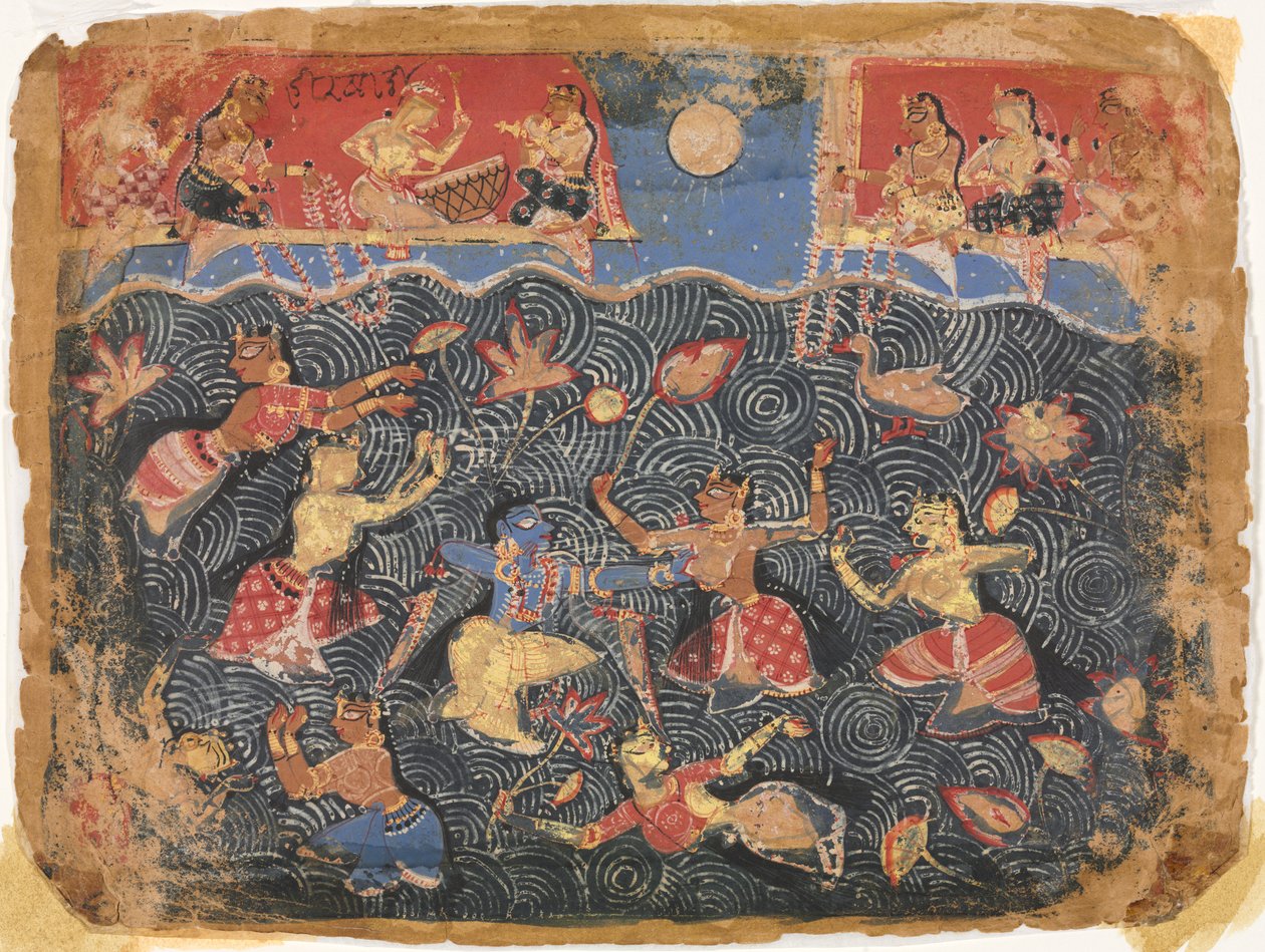 Krishna sportar med gopis i Jumnafloden, från en Bhagavata Purana av Unknown artist