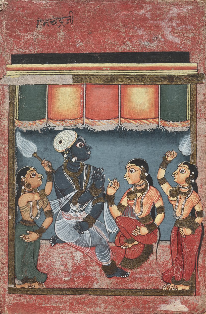 Krishna med Radha och två skötare (recto) av Unknown artist
