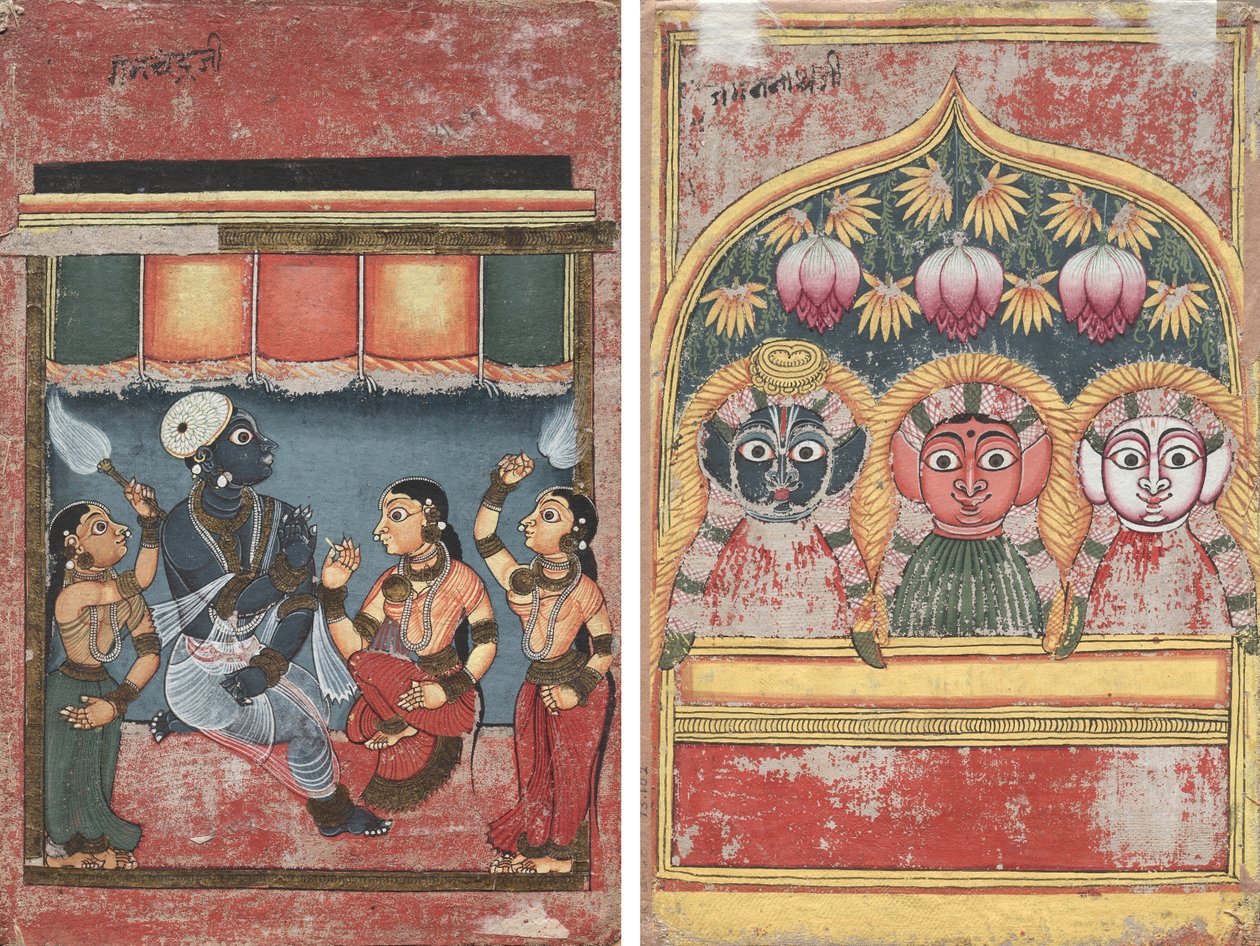 Krishna med Radha och två skötare (recto); Jagannath, Subhadra och Balarama i en båge (verso) av Unknown artist