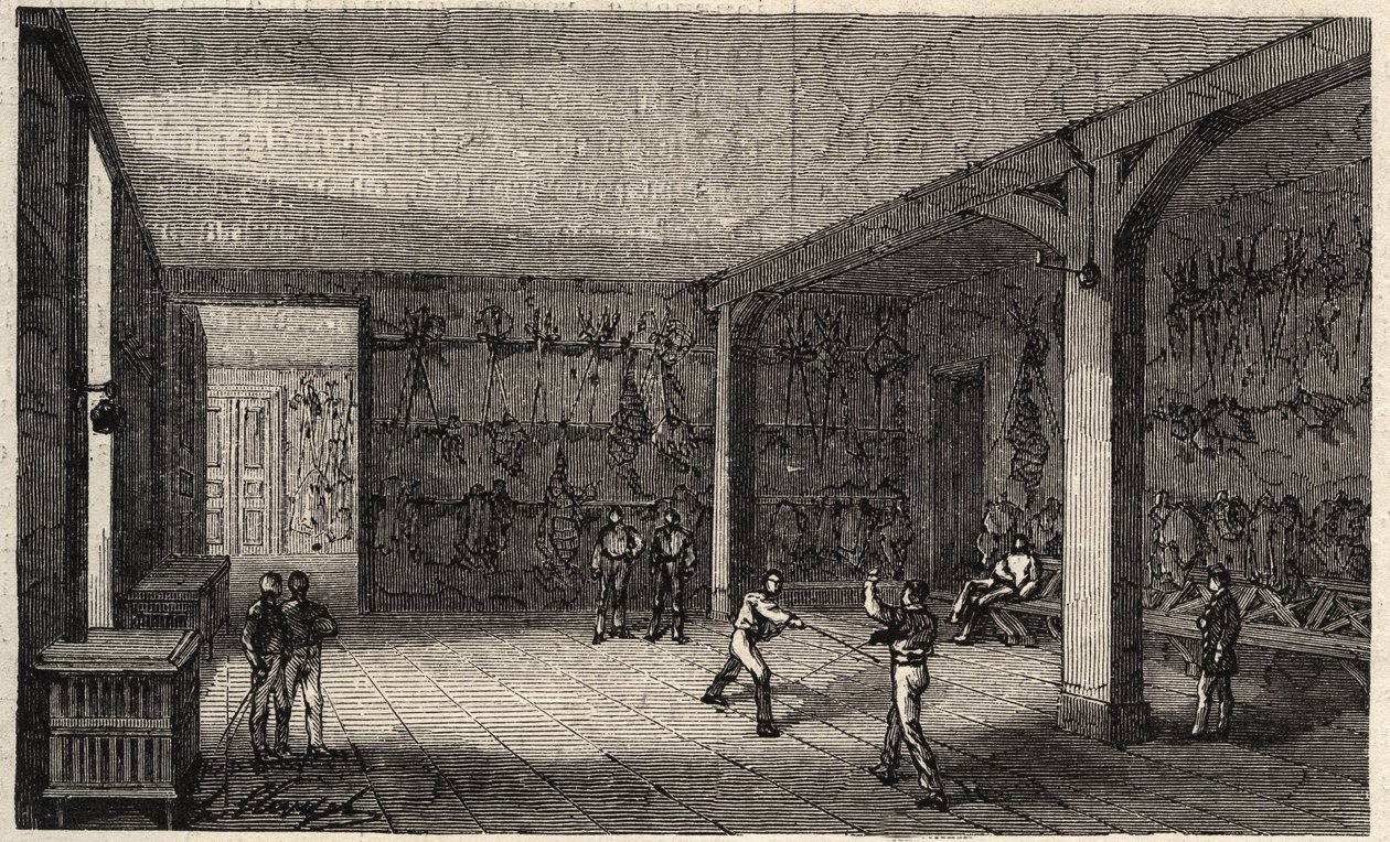 Ecole Polytechnique i Paris 1873 - Fäktningrummet - Gravyr från 1873 i "Le monde illustrious"" av Unknown artist