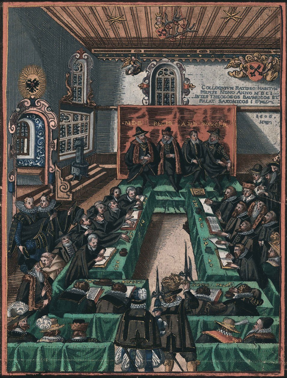 La conference religieuse de Ratisbonne en 1601 - The Regensburg Religious Colloquy of 1601, Anonymous . Kopparstick, akvarell, ca. 1605. Historisches Museum der Stadt Regensburg av Unknown artist