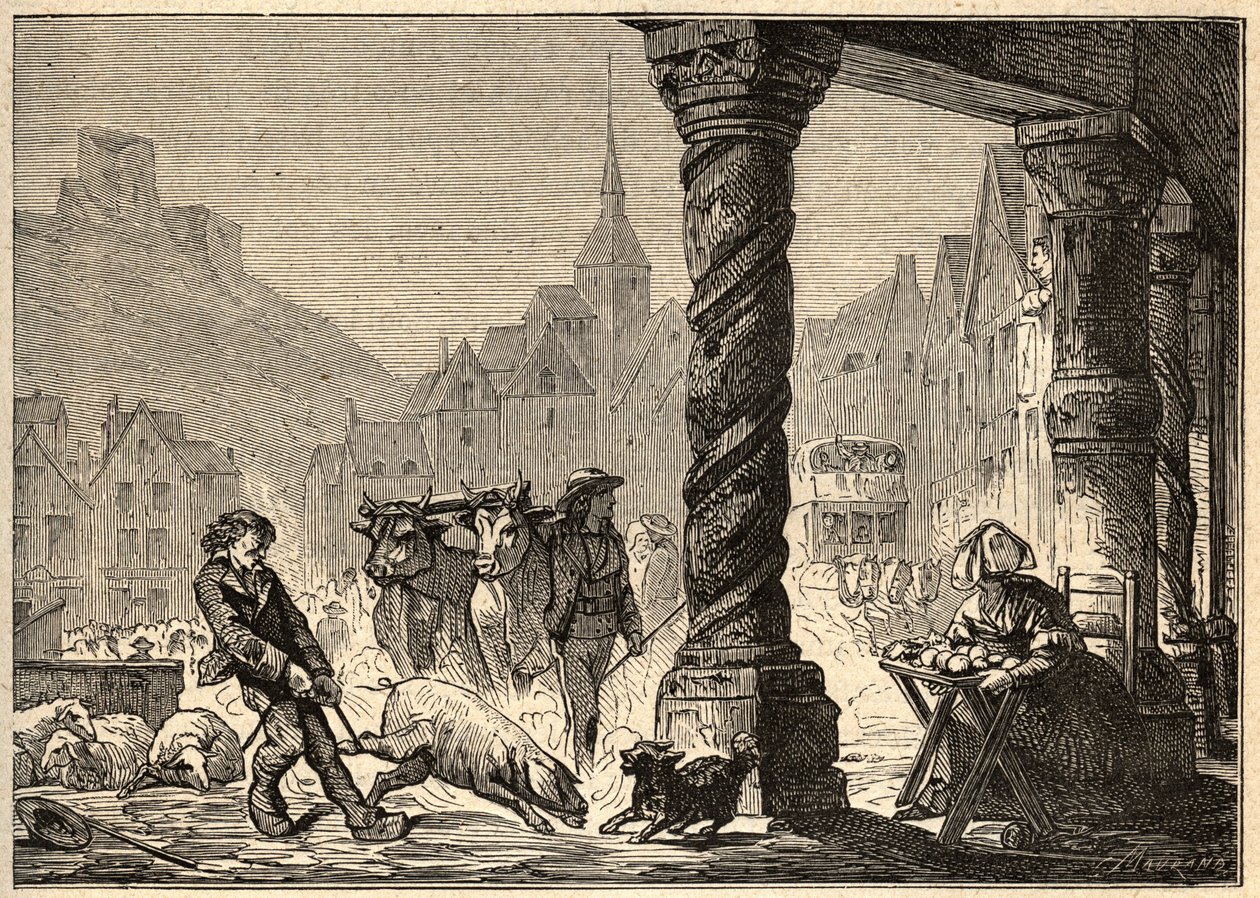 Huvudgatan på en dags vandring i Dol de Bretagne - gravering i "" PATRIE"" - BESKRIVNING PECTURESSE DE LA FRANCE EN 6 VOLYSER AV LUCIEN HUARD - slutet av 1800-talet av Unknown artist