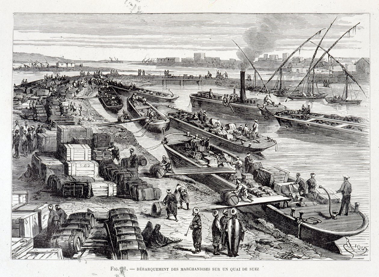 Landning av varor på en brygga i Suezkanalen av Unknown artist