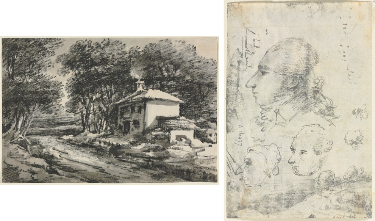 Landskap med stuga (recto); Studier av huvuden (verso) av Unknown artist