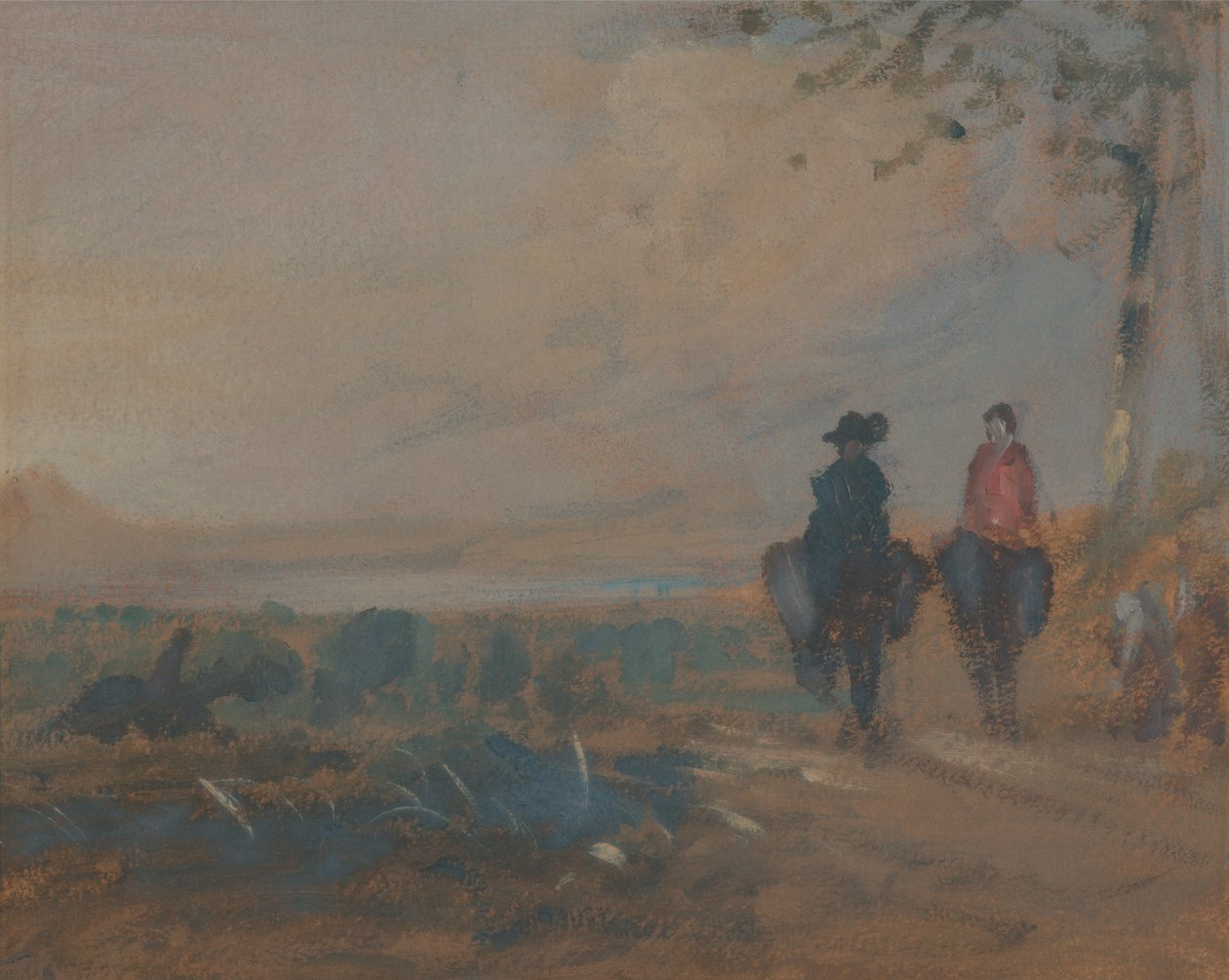 Landskap med sjö och två figurer som rider av Unknown artist