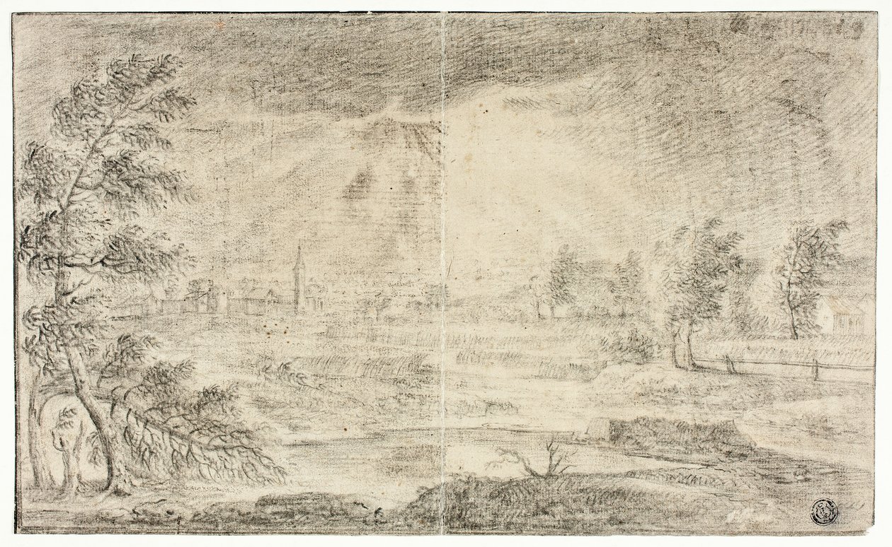 Landskap med by av Unknown artist