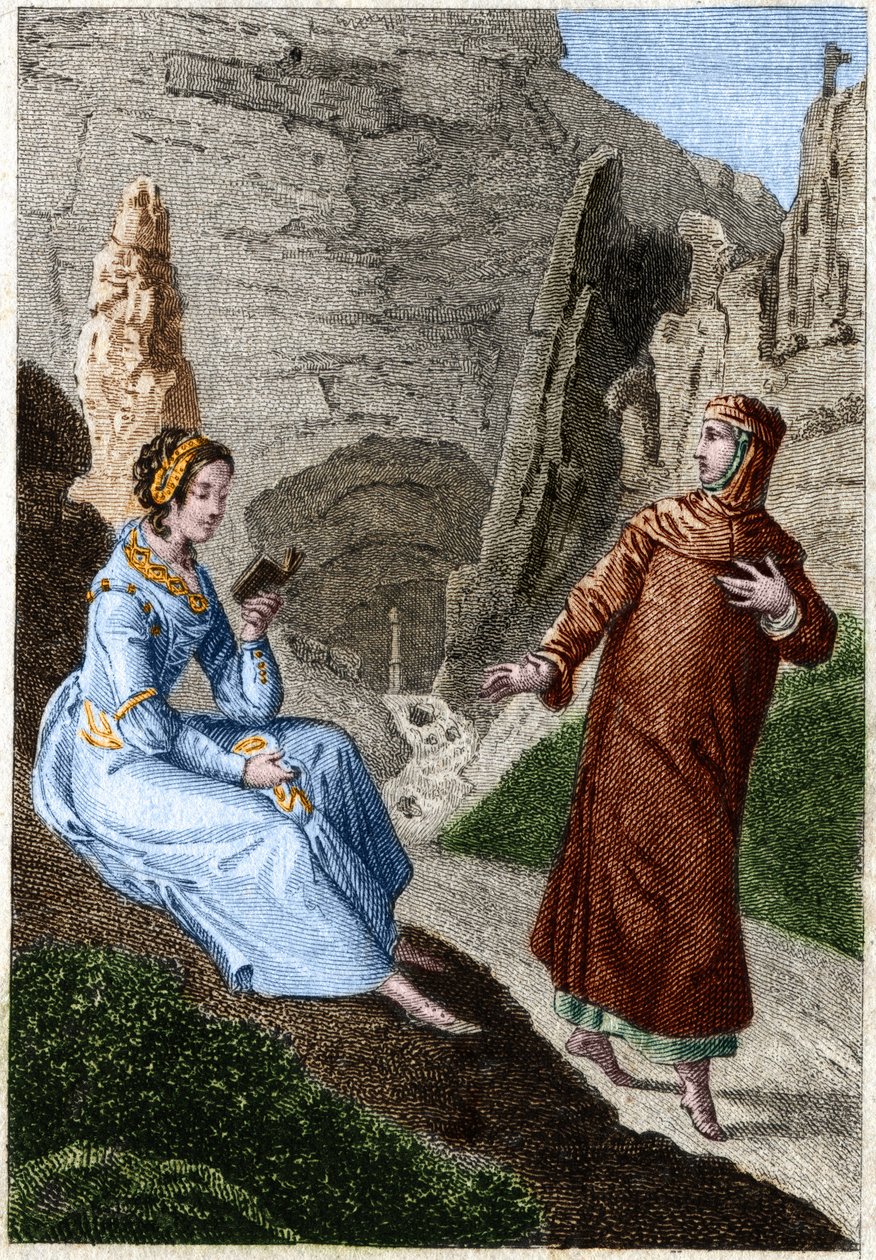 Laure de Noves (Laura) och Francesco Petrarca (Petrarca) (italiensk poet och humanist 1304 - 1374). Gravyr från slutet av 1700-talet. av Unknown artist