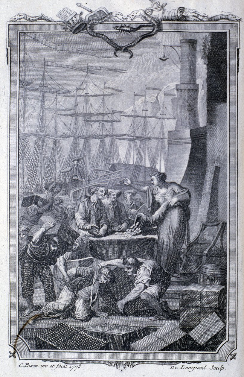 Handel med kolonierna (inklusive kaffe) - i ""Philosophy and politics of European establishments and trade with the two Indias"" av G.T. Raynal, red. Pellet, Genève av Unknown artist