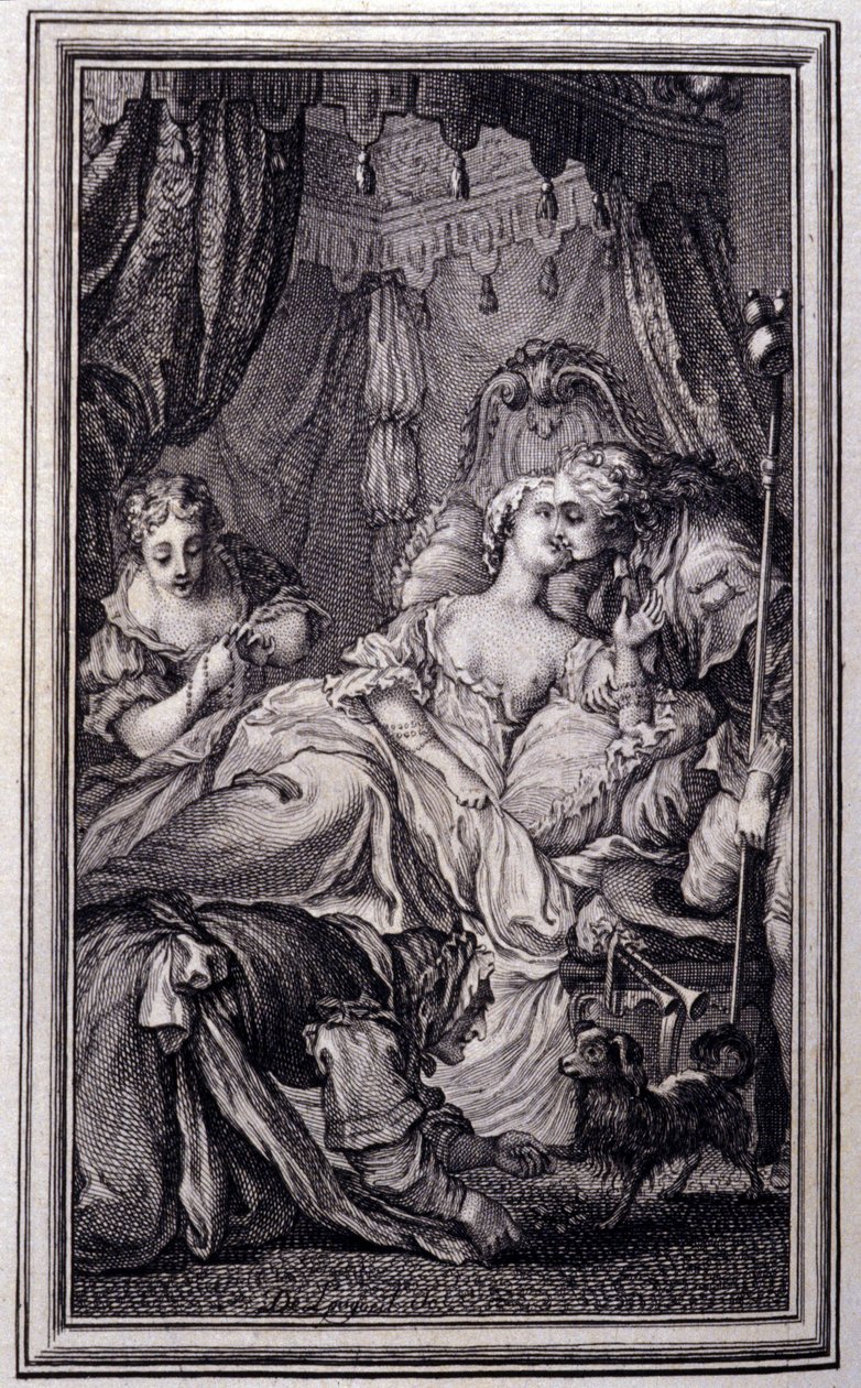 Den lilla hunden som skjuter pengar och stenar- i "Berättelser och noveller på vers" av Jean La Fontaine. 1762. av Unknown artist