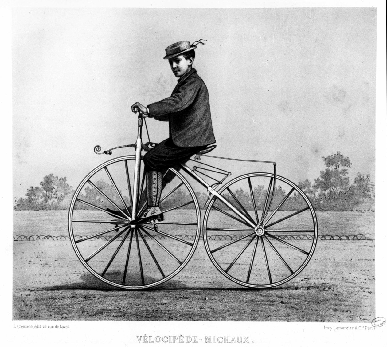 Velocipeden Michaux - i Le centaure, gravyr, Bibl. av staden Paris av Unknown artist