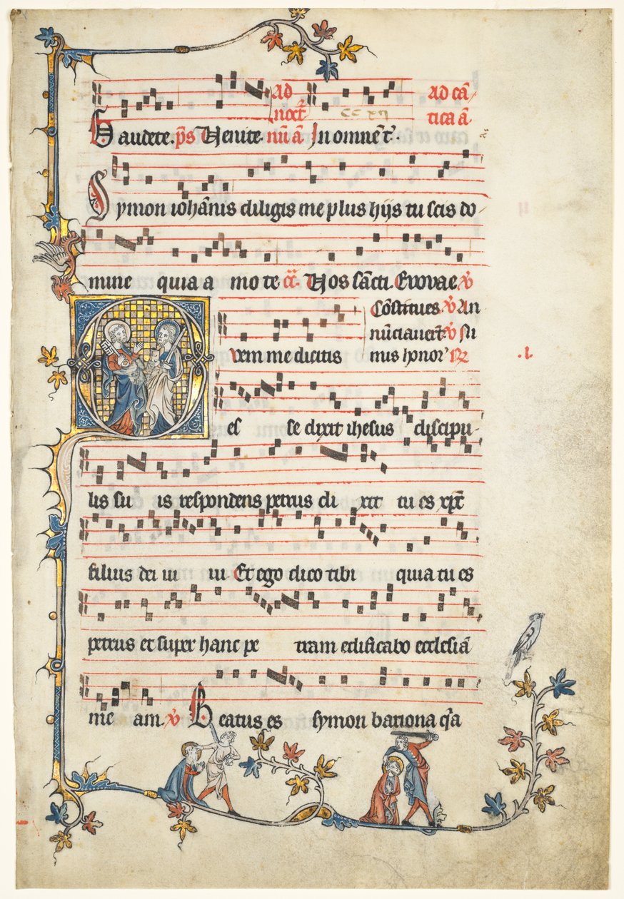 Leaf excised from an antiphonary: Initial Q med Saints Peter och Paul av Unknown artist