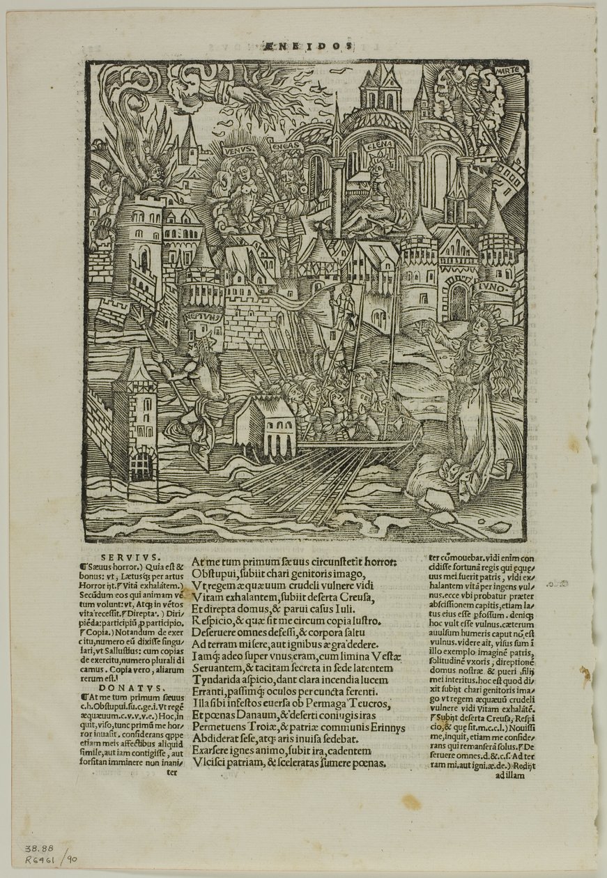 Blad från Opera av Virgilius (efter Strasbourg Virgil, 1502), plåt 90 från träsnitt från XVI-talets böcker av Unknown artist