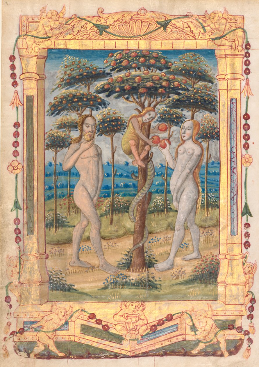 Blad från en timbok: Adam och Eva och människans fall (Prefatory Miniature to the Office of the Virgin) (recto) av Unknown artist