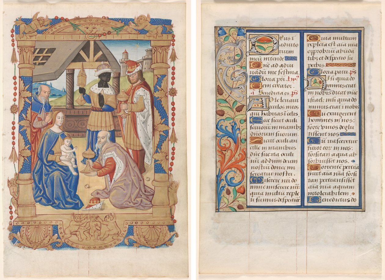 Leaf from a Book of Hours: Adoration of the Magi (recto) och text med illustrerad kant (verso) (3 av 3 utskurna löv) av Unknown artist
