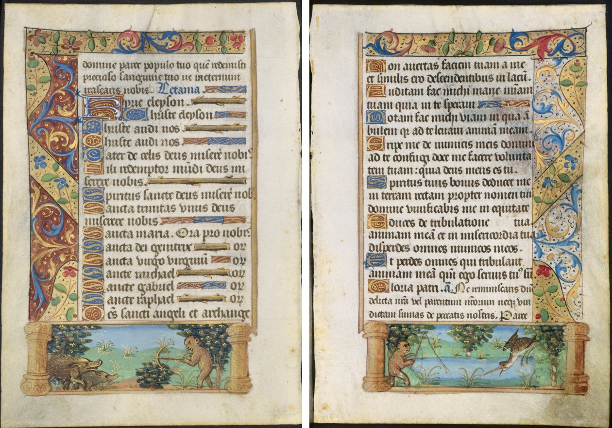Leaf from a Book of Hours: Ape Hunting Wild Boars (recto) och Ape Fishing (verso) av Unknown artist