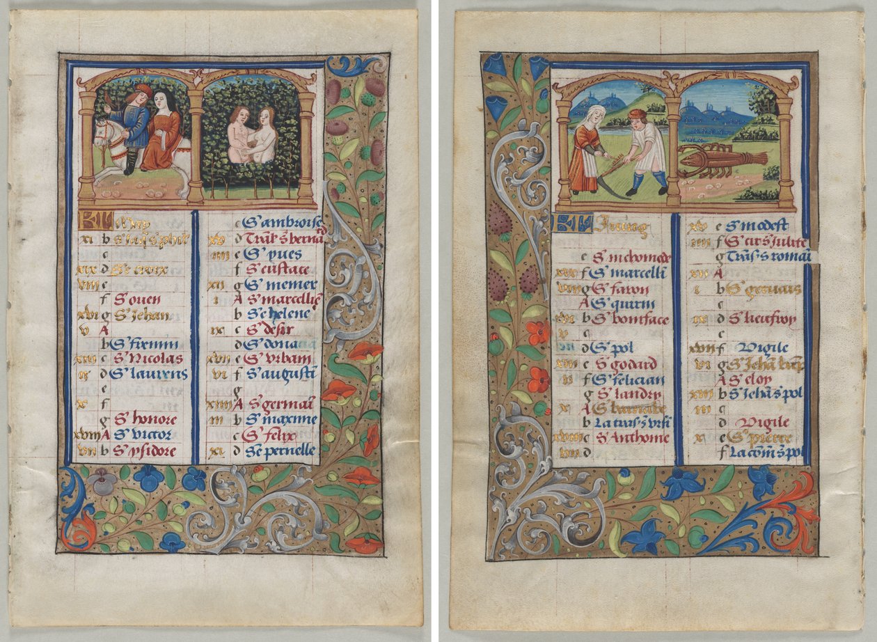 Blad från en timbok: Kalendersida för maj (recto) och kalendersida för juni (verso) (2 av 3 utskurna löv) av Unknown artist