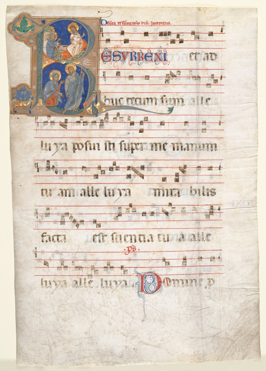 Leaf from a Gradual: Initial (R) med Three Marys at the Tomb och "Noli me Tangere" av Unknown artist