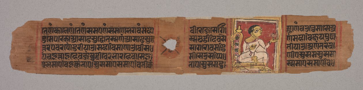 Blad från ett Jainmanuskript: Kalpa-sutra: Munk som håller en blomma (recto); Blad från ett Jain-manuskript: Kalpa-sutra: text som beskriver Mahaviras nedstigning till brahmankvinnan Devanandas livmoder (verso) av Unknown artist