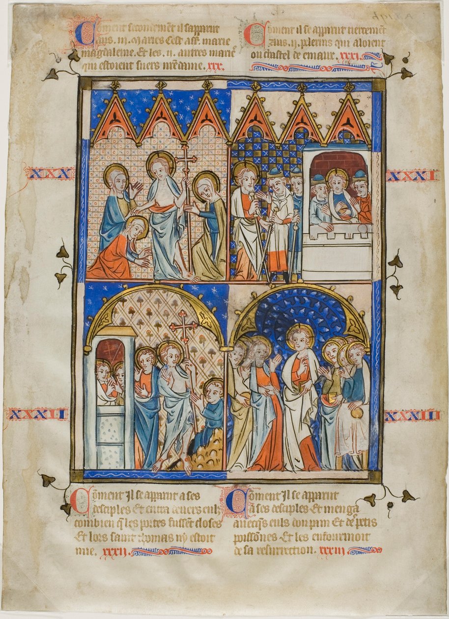 Blad ur en bildcykel: Kristus framträder för de tre Maria, Kristus och pilgrimerna på vägen till Emmaus, Tomas som tvivlar och Kristus framträder för apostlarna av Unknown artist