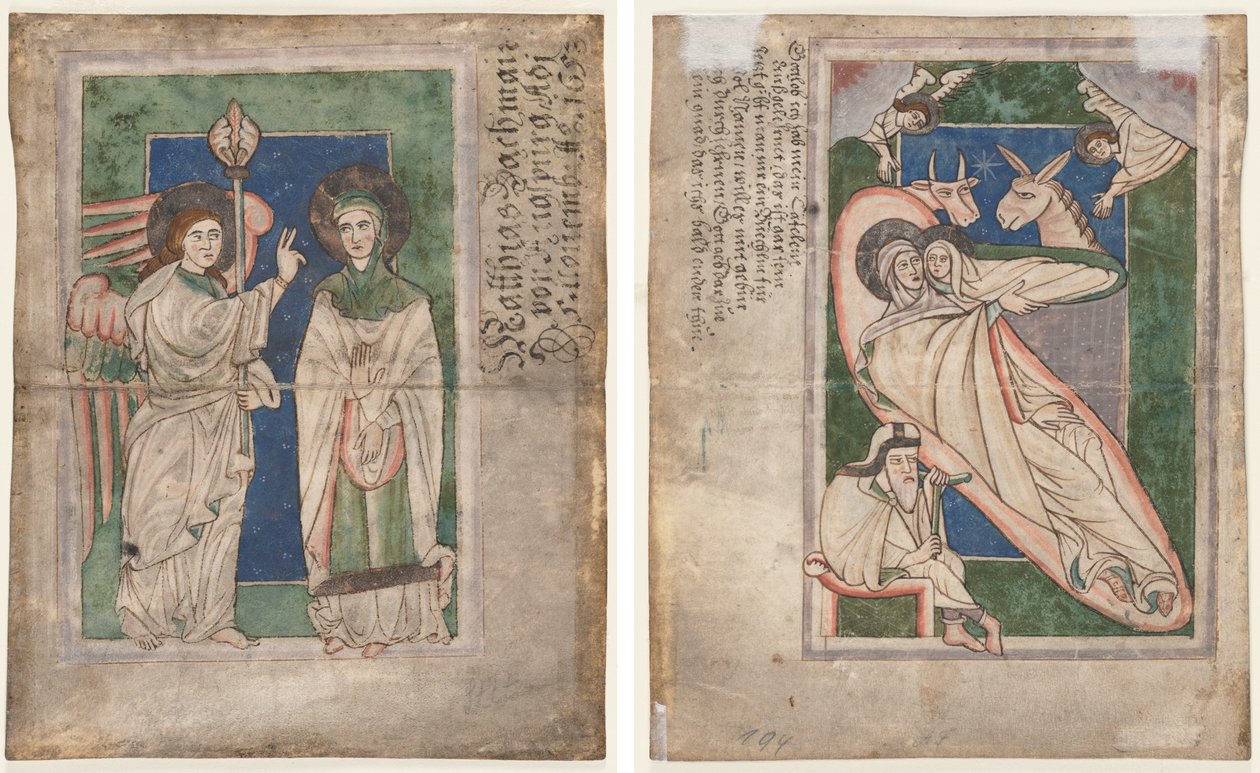 Blad från en Psalter(?): Bebådelse (recto); Födelsefödelse (omvänd) av Unknown artist