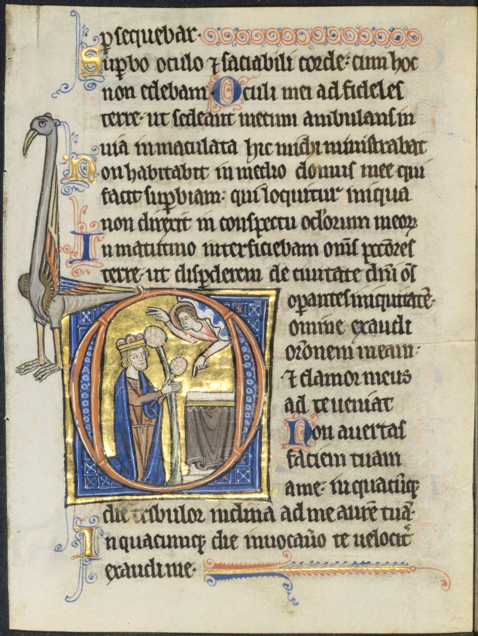 Leaf from a Psalter: Initial D: David i bön inför ett altare och Kristus i ett moln (2 av 2 utskurna löv) av Unknown artist