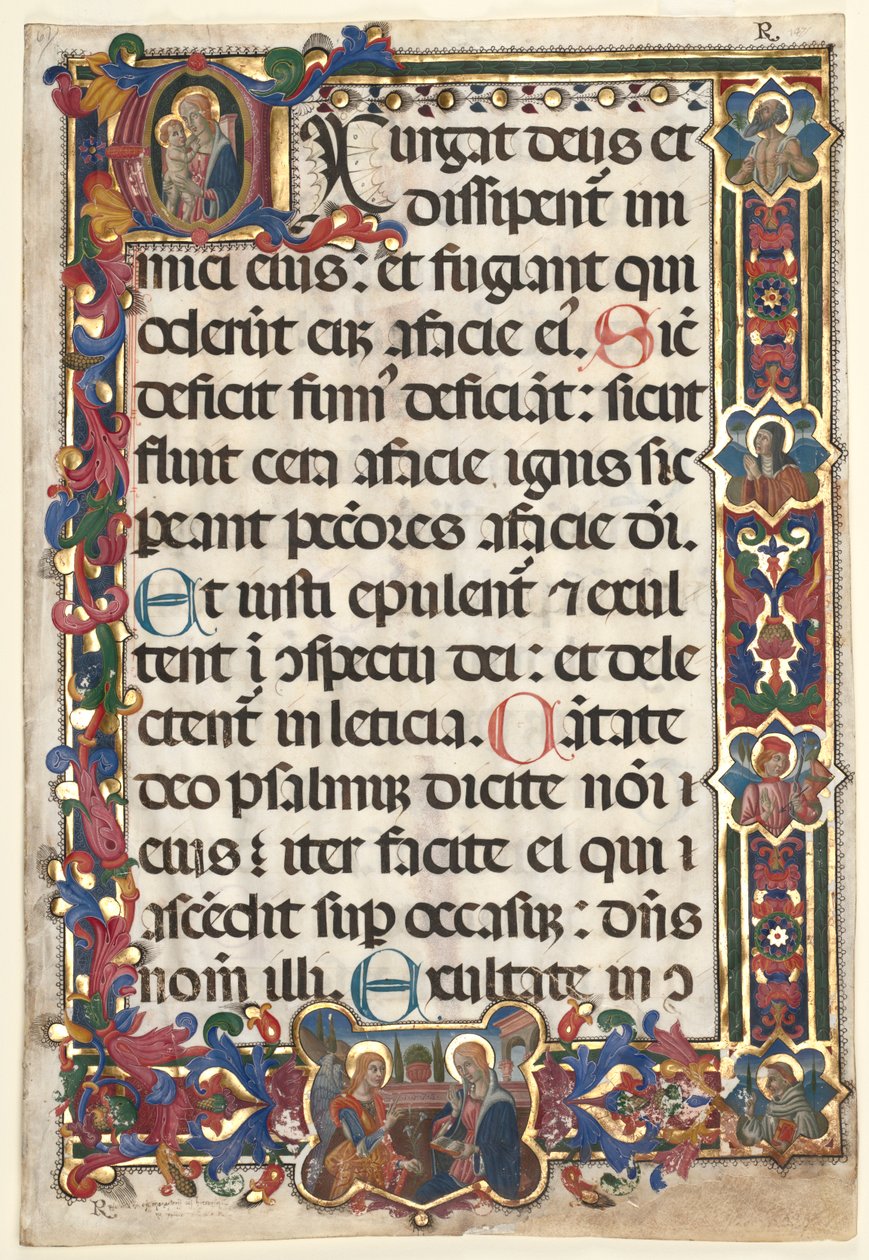 Blad från en psaltare med full kant med medaljonger (Bebådelse, SS. Jerome, Clare, Sebastian och Bernardino) och Historik initial (E): Virgin and Child av Unknown artist