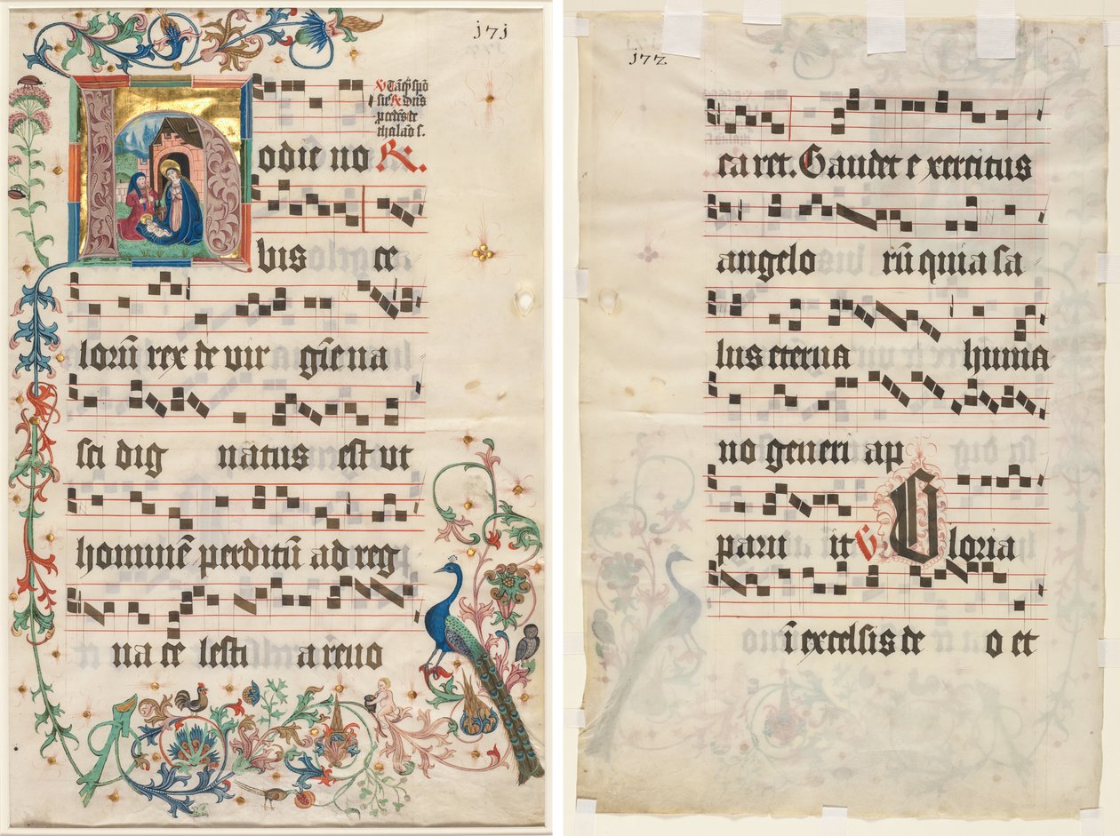 Leaf from an Antiphonary: Initial H med Nativity (recto) och Text (verso) av Unknown artist