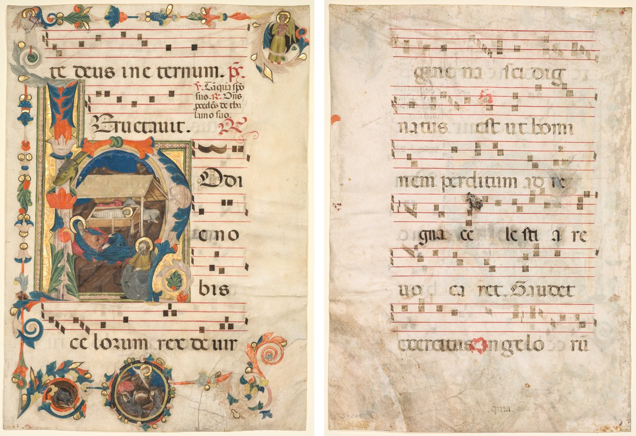 Leaf from an Antiphonary med Historiated Initial (H) med The Nativity (recto) och Music (verso) av Unknown artist