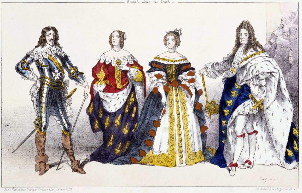 Les Bourbons: Ludvig XIII (1601-1643) och Anna av Österrike (1601-1666), Marie Therese av Österrike (eller Spanien) (1638-1683) och Ludvig XIV (1638-1715) - Plåt extraherad från kungar och drottningar av Frankrike i tryck, Paris, ed. Snabb av Unknown artist