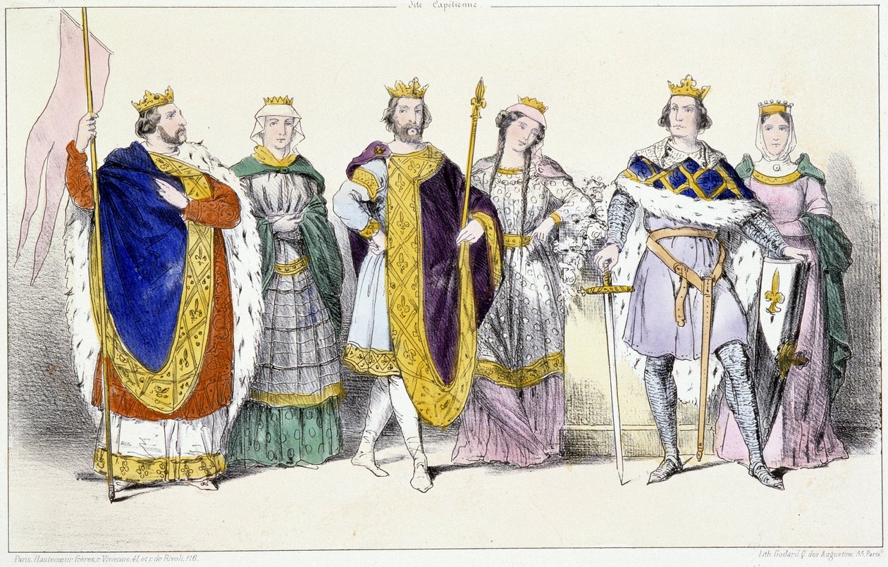 Kapetianerna: Louis VI Le Gros (1081-1137) och Adelaide av Savojen (ca 1100-1154), Louis VII Le Jeune (1120-1180) och Adele av Champagne (eller Blois) (ca 1140-1206), Philippe II dit Philippe Auguste (1165-1223) och Isabelle de Hainaut (1170-1190) - Tallri av Unknown artist
