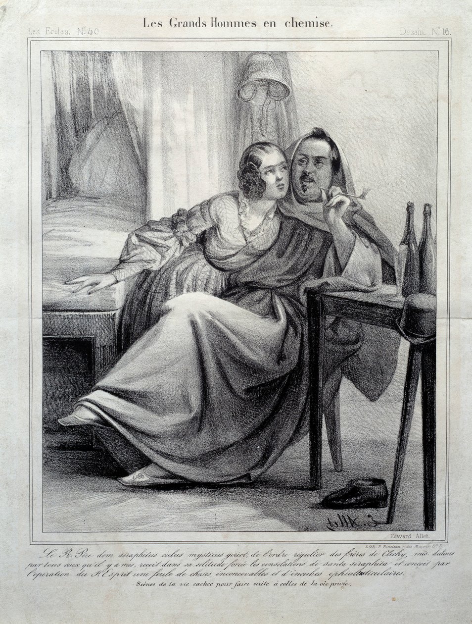 Les grands hommes en chemise Representation av författaren Honore de Balzac (1799-1850) som omsluter en ung kvinna medan hon röker en cigarett. Illustration av E. Allet (1800-talet) Paris, Maison Balzac av Unknown artist