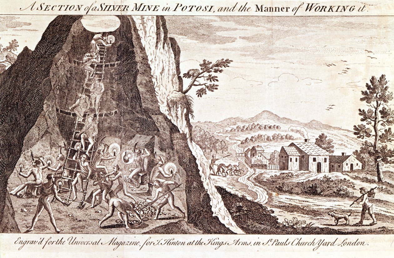 Silvergruvorna i Potosi, Bolivia. 1800-talsgravyr. av Unknown artist