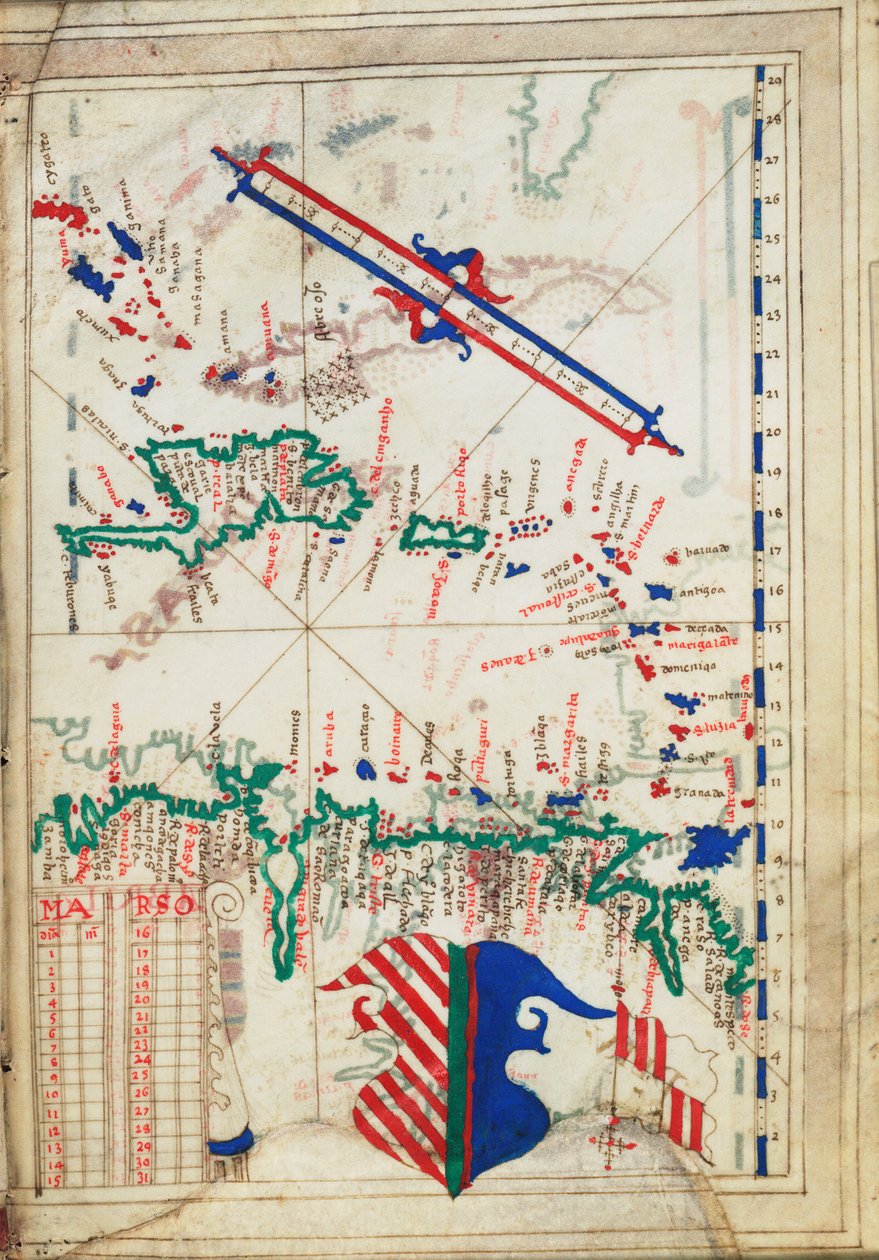 Små Antillerna och Karibiska havet, ca 1550-60 (pergament) av Unknown artist