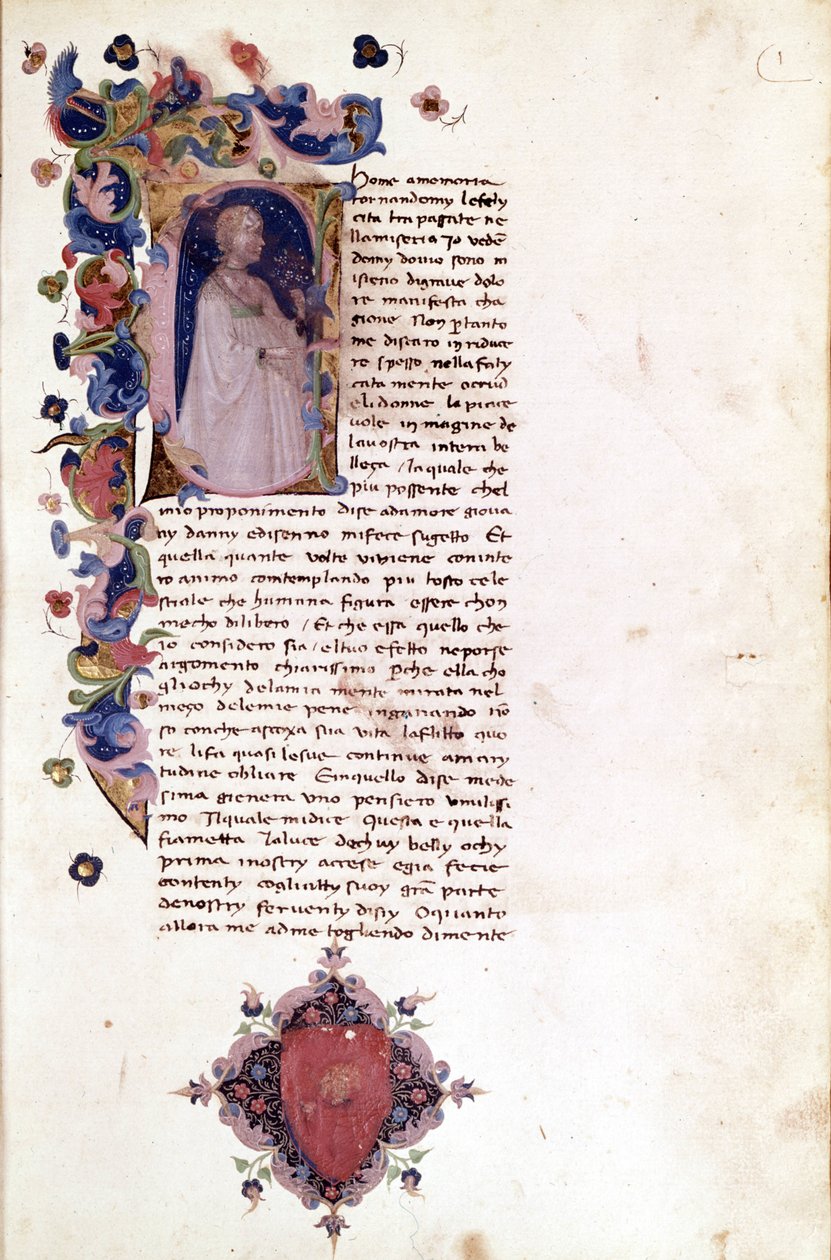 Bokstavslinjen "" a"" på en miniatyrsida av början av "" Teseide"". Giovanni Boccacio (Boccacio) (1313 - 1375). 1400-talsmanuskript. Trivulziana Milano. av Unknown artist
