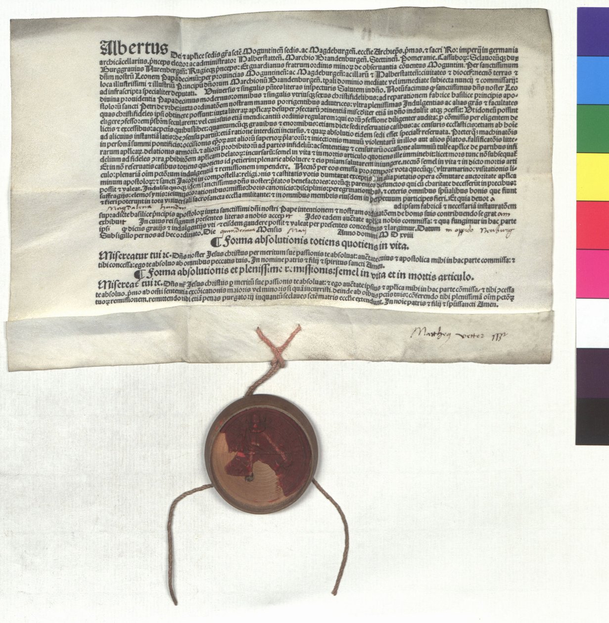 Avlatsbrev från Albert av Brandenburg (1490-1545), ärkebiskop av Mainz, på överinseende av påven Leo X (John de Medici) av Unknown artist