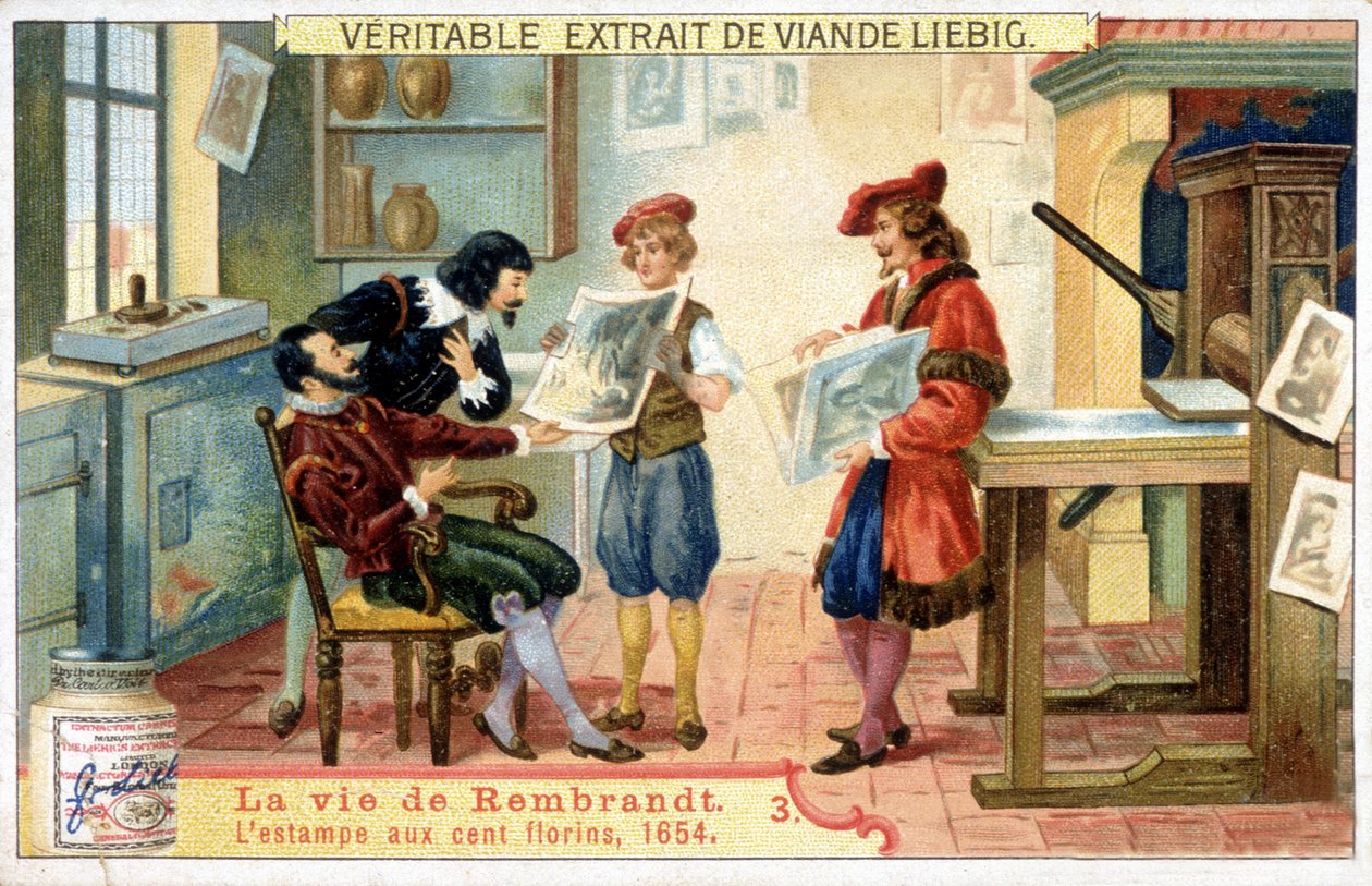Liebig-kromolitografi om Rembrandts liv (1606 - 1669), holländsk målare. Detta är trycket på 100 gulden 1654. av Unknown artist