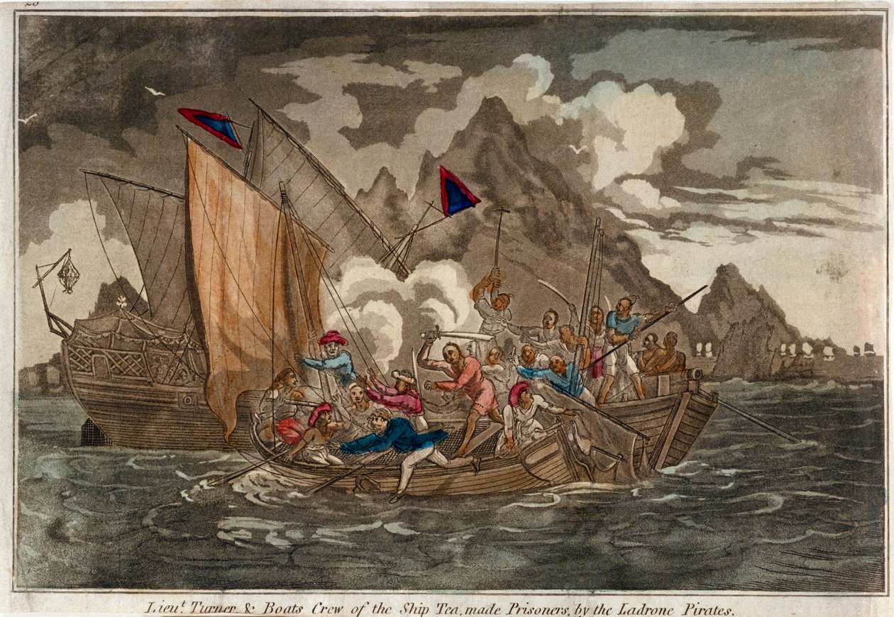 Löjtnant Turner och besättningen på skeppet "Tea", tillfångatagna av Ladronepiraterna, ca 1800 (kolorerad akvatint) av Unknown artist