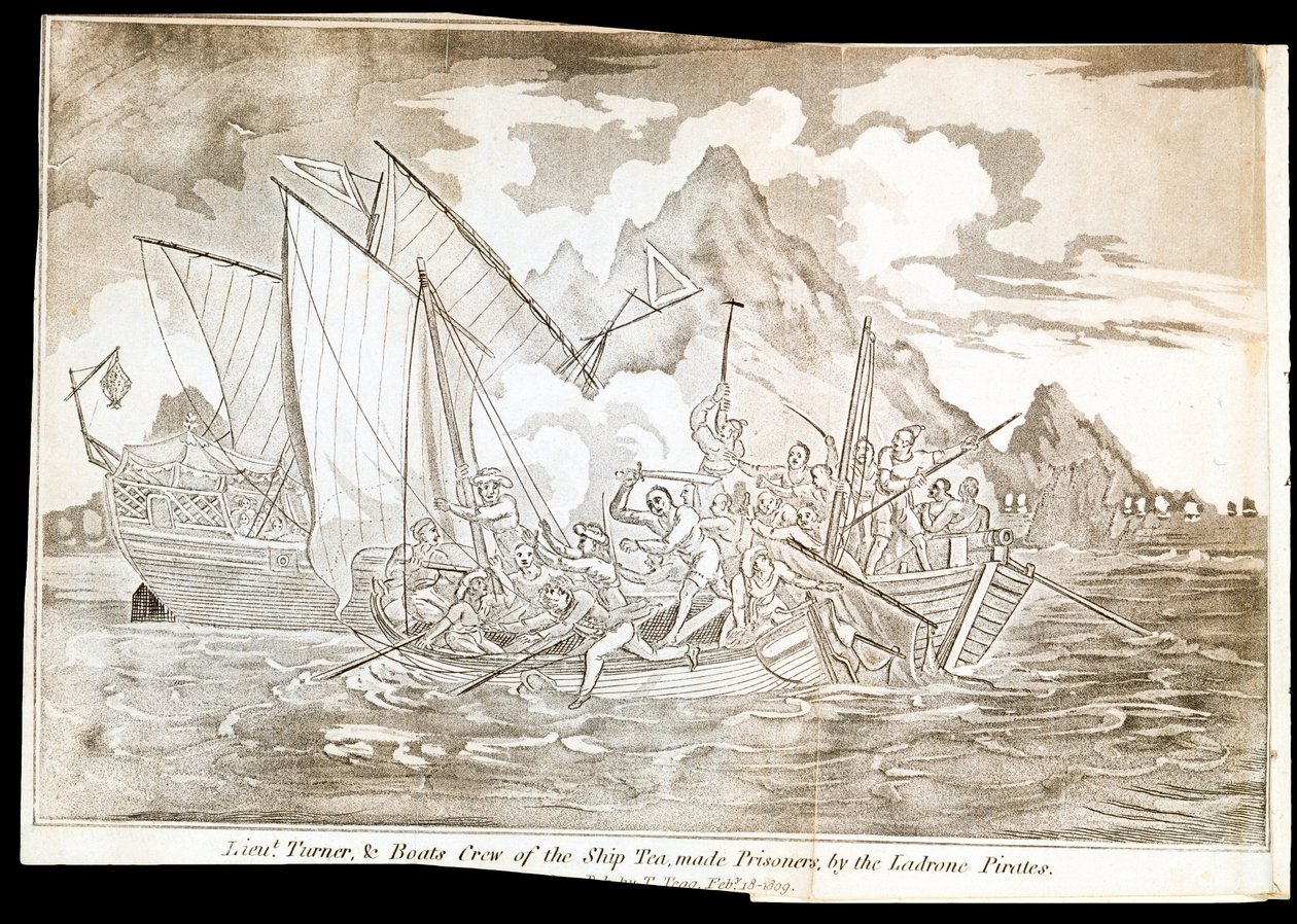 Löjtnant Turner och besättningen på fartyget Tea tillfångatagna av Ladronepiraterna (tryck) av Unknown artist
