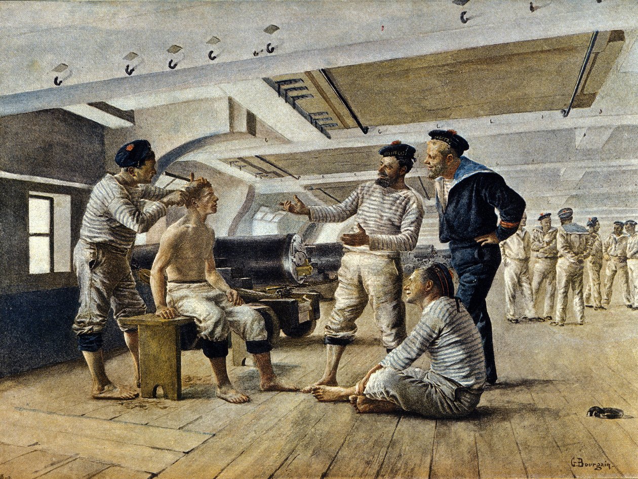 Livet ombord på ett franskt krigsfartyg: fartygsfrisören rakar sjömännen, ca 1800 av Unknown artist