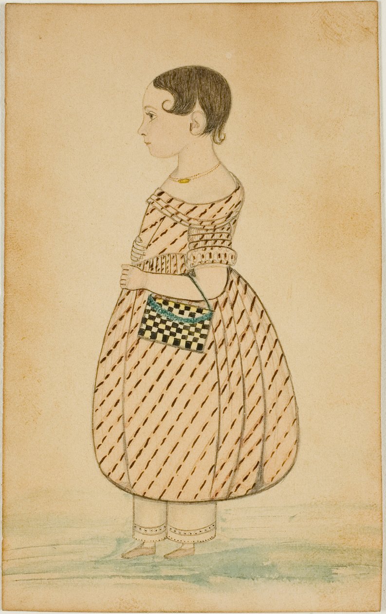 Liten flicka med rutig handväska i profil till vänster av Unknown artist