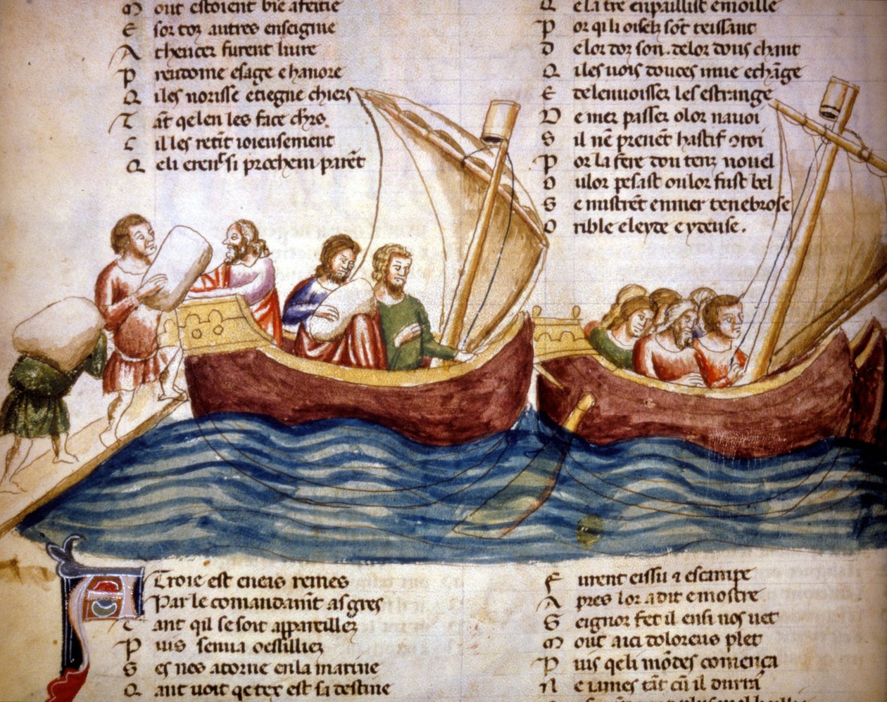 Lastning ombord, sent 1200-tal. Miniatyr av "Roman de Troy"" av Benoit de Saint Maure. 1300-talets Biblioteca Marciana, Venedig av Unknown artist