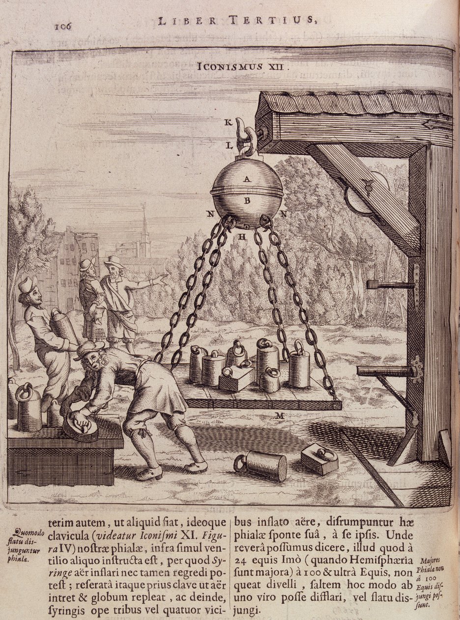 Laddar upphängda Magdeburg-hemisfärer - i "Ottonis de Guericke: Experimenta Nova Magdeburgica de vacuo spatio"" av Otto von Guericke (Otto de Guericke av Unknown artist