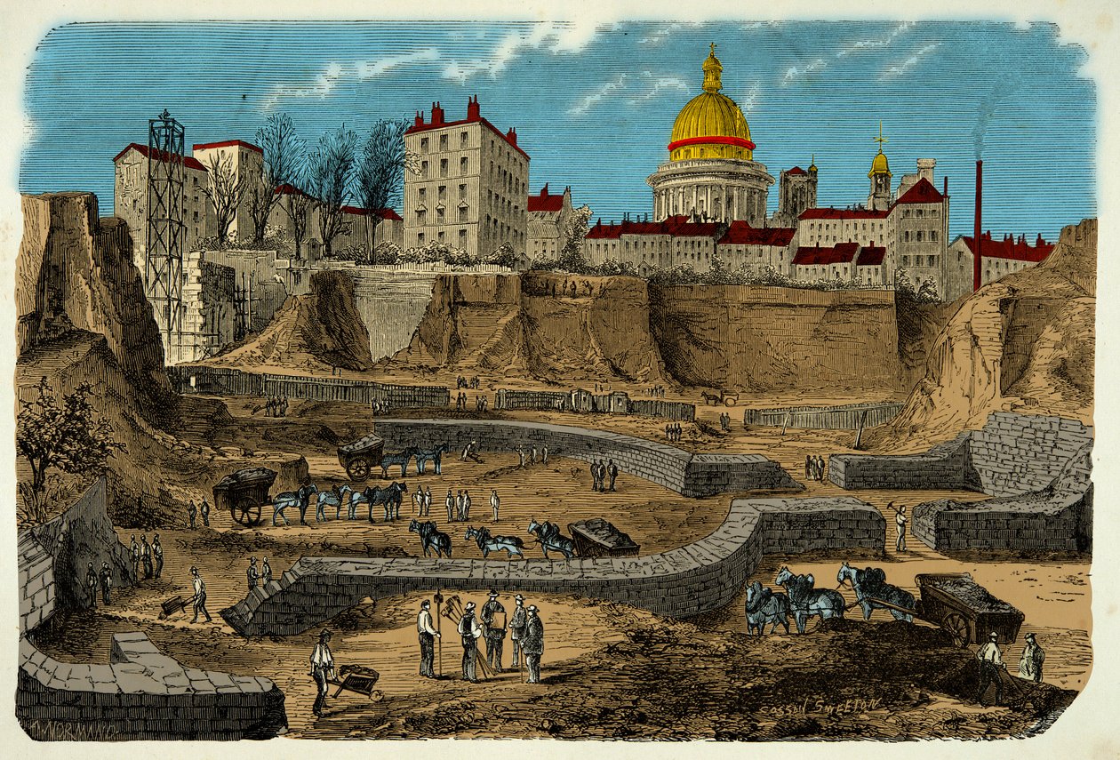 Platsen för Gallo Romain-cirkusen med anor från 200-talet f.Kr., upptäckt 1870 under borrningen av rue Monge i Paris, gravering av 1800-talet av Unknown artist