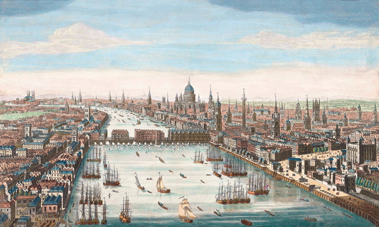 London på 1700-talet, utsikt uppför Themsen till London Bridge och St Paul