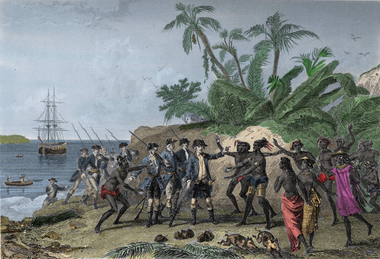 Louis Antoine (Louis-Antoine) av Bougainville, fransk navigatör (1729-1811), som talar till markisernas öar på Tahiti, den 6 april av Unknown artist