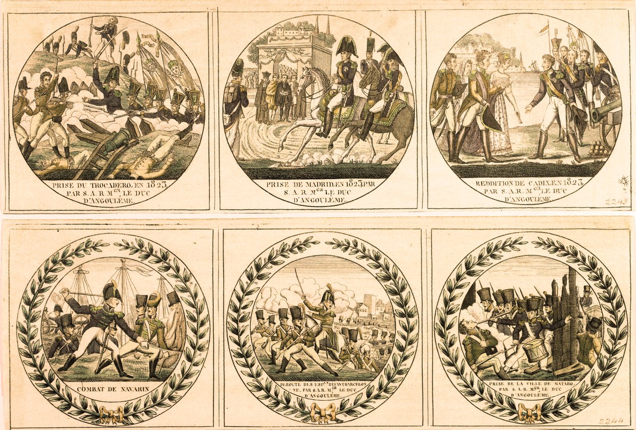 Louis Antoine (Louis-Antoine) av Bourbon, hertig av Angouleme (Louis de France eller Louis XIX (1775-1884) under den spanska expeditionen 1823: intagande av Trocadero, intagande av Madrid, kapitulation av Cadiz, slaget vid Navarin, bakom Spanska framför Ba av Unknown artist