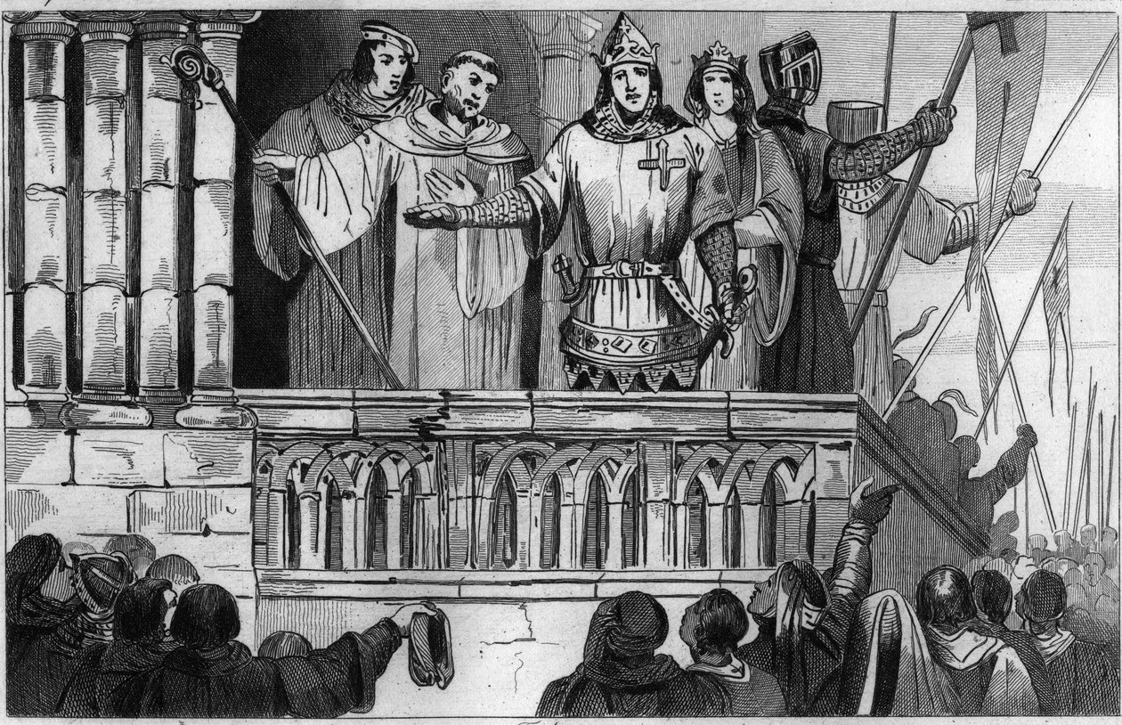 Ludvig VII (1120-80) den unga höjer stöd för det andra korståget 1144 - Ludvig VII genomför det andra korståget efter råd från Saint Bernard de Clairvaux (San Bernardo di Chiaravalle) - Gravyr 1825 i "Histoire de France representerad av synoptisk av Unknown artist