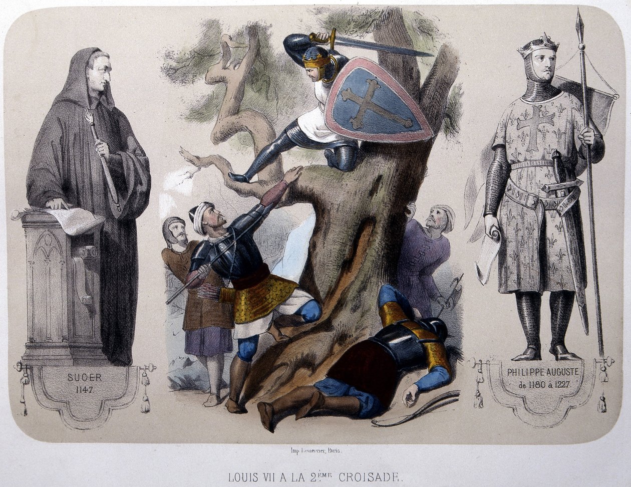 Ludvig VII kämpar mot saracenerna under det andra korståget - litografi, sent 1800-tal av Unknown artist